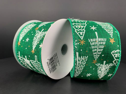 Two spools of 2.5X10Y emerald linen ribbon with white Christmas trees, gold stars, and white dots are set against a dark background. The partially unwound wired ribbon showcases its festive design, while a label with a barcode is visible on one spool.