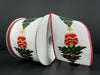 Two spools of the 2.5"X10Y White Linen/Glitter Christmas Trees 71370-40-01 wired ribbon, featuring a festive design of glittering Christmas trees and bells in green, red, and gold with red edges displayed on a dark background.