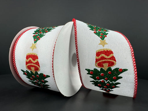 Two spools of the 2.5"X10Y White Linen/Glitter Christmas Trees 71370-40-01 wired ribbon, featuring a festive design of glittering Christmas trees and bells in green, red, and gold with red edges displayed on a dark background.