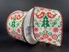 A spool of the 2.5"X10Y White Satin/Red-Green Christmas Tree-Red Demask 71388-40-01 wired ribbon showcases a festive design with red and green birds, trees, and floral patterns. The white satin backdrop highlights the Christmas tree motifs as it sits partially unrolled against a dark background.