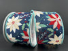 Two rolls of 2.5x10Y Navy Satin Poinsettia Ribbon feature a festive pattern with mint, cream, burgundy, and red poinsettias, holly leaves, and red berries on a navy satin background with light blue trim.