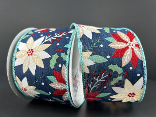 Two rolls of 2.5x10Y Navy Satin Poinsettia Ribbon feature a festive pattern with mint, cream, burgundy, and red poinsettias, holly leaves, and red berries on a navy satin background with light blue trim.