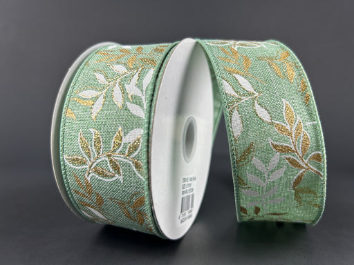The 1.5X10Y Mint Linen/White-Gold Pressed Branches Ribbon (71492-09-06) features a mint, white, and gold pressed branches pattern. Highlighted on a dark gray background, the linen ribbon is partially unrolled to show its design.