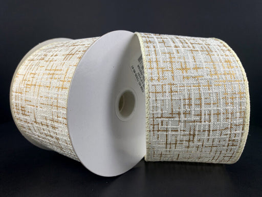 Two rolls of 2.5X10Y Ivory Linen/White-Gold Glitter Print Tweed Ribbon (72325-40-41) stand upright against a black background, showcasing their textured white and gold grid pattern on white plastic spools.
