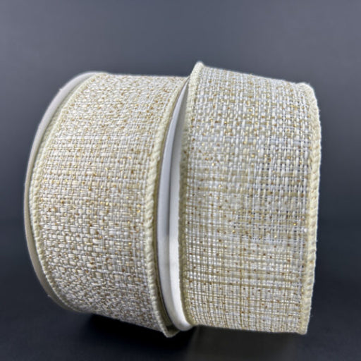 Two rolls of 1.5X10Y Ivory-Gold-Gold Metallic Tweed Ribbon 72414-09-18, featuring a woven ivory gold look and shimmery finish, rest slightly overlapping against a dark background.