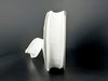 A spool of 7/8X10Y White Faux Dupioni Ribbon (72434-05-01) stands upright on a black background, with some white ribbon unspooled and trailing to the side.