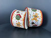 Two rolls of 2.5X10Y Red-Green Gingerbread N Cookie Cake Ribbon (72514-40-07) featuring gingerbread men, snowmen, red stars, and gold accents on a plain dark background.