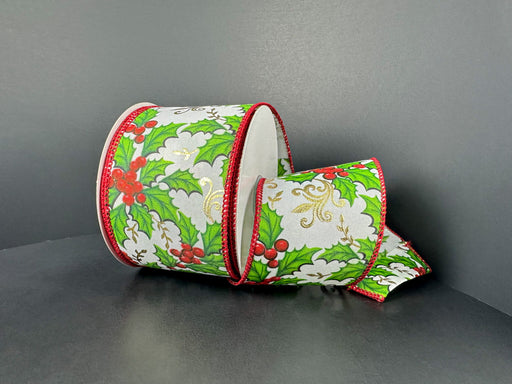 The 2.5X10Y White Ponche Satin/Red Berries-Embossed Gold Swirls Ribbon (73515-40-12) features a festive holly and berry pattern in green, red, white, and gold with red-edged trim and embossed gold swirls.
