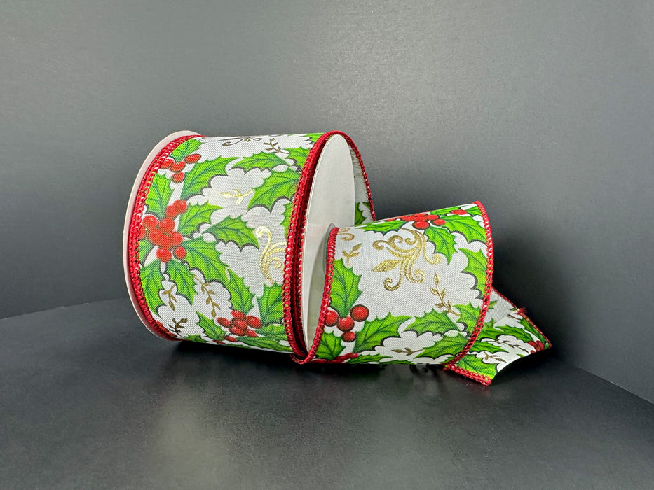 The 2.5X10Y White Ponche Satin/Red Berries-Embossed Gold Swirls Ribbon (73515-40-12) features a festive holly and berry pattern in green, red, white, and gold with red-edged trim and embossed gold swirls.