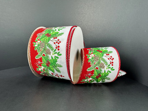 The 2.5X10Y White-Red Dual Satin/Pncane-Mistletoe-Berry Garland Ribbon 73520-40-12 features pinecones, mistletoe, and berries on a white background with red edges, displayed against a dark backdrop.