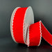 A spool of 1.5X10Y Red Felt/White Scallop Edge Unwired Ribbon (73573-09-12) stands upright against a plain black background, with a length extending outward from the roll.
