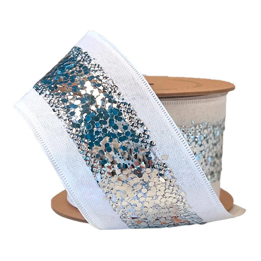 The 2.5" White and Silver Metallic Striped Ribbon (WR-10229-063-10) features a wide, sparkly sequin center stripe and is partially unwound against a plain white background.