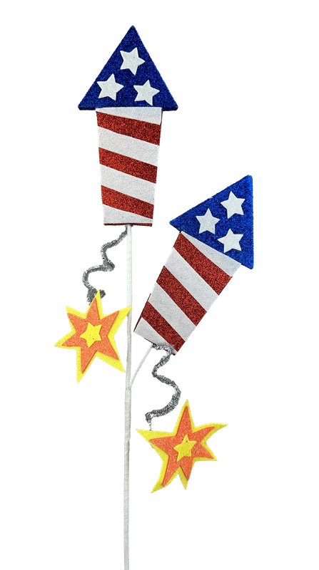 The 26 Red White and Blue Glitter Rocket Spray with 2 Stems features two rocket shapes in American flag designs attached to sticks, along with yellow and red glitter star decorations for a festive look.