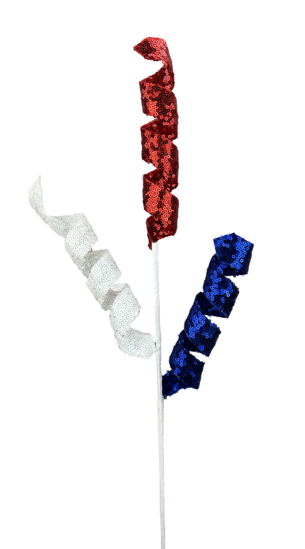 The vibrant 24 Red White and Blue Sequin Frizzy Curly Spray with 3 Stems (74244RWB) spirals in patriotic colors, resembling firework sparks. Each stem enhances the festive ambiance against a plain white background.