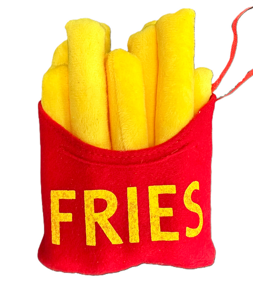 A delightful 6 by 4.5 Plush Fries Ornament (74256FRIES) showcases fluffy yellow sticks in a vibrant red container labeled FRIES.