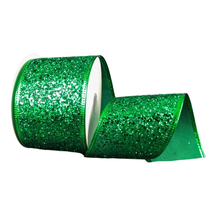 A spool of 2.5 by 10 Yard Emerald Super Glitter Ribbon (75102-40-17) is slightly unspooled against a plain black background.