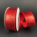 Two spools of 1.5X10Y Red Crackle Lame Ribbon 75206-09-12 are set on a plain black background—one upright, the other leaning forward with shiny red ribbon partially unspooled and curved, showing the textured pattern.