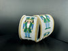 Introducing the Green and Blue Cutesy Nutcracker Wired Ribbon (2.5 Inch x 10 Yards, 76527-40-07), featuring charming repeating images of nutcracker soldiers in colorful green and blue uniforms. Gold-trimmed edges add an elegant touch to this festive design, displayed against a deep background. Perfect for adding holiday cheer to your Christmas décor, this ribbon is ideal for wreaths, gift wrapping, and seasonal displays.