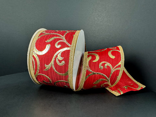 The 2.5X10Y Red Stripe Satin/Gold Embossed Swirls Ribbon (76573-40-13), partially unspooled, features glittery gold swirl accents and trim—ideal as a festive ribbon accent.