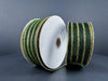 Two spools of 1.5" x 10-yard dark green metallic and gold glitter vertical stripes ribbon, upright on a dark background. The ribbons are coiled around white cylindrical cores, with one glittering ribbon slightly covering the other.