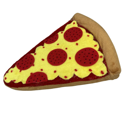 Plush pepperoni pizza slice decor with yellow cheese, red toppings, and tan crust, 8 inches long.