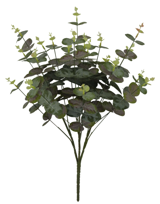 The 19 Green and Purple Eucalyptus Bush (80067-GNPU) has 4 stems with dense, naturally arranged dark green and purple leaves. Light green buds at the tips enhance its realistic appearance.