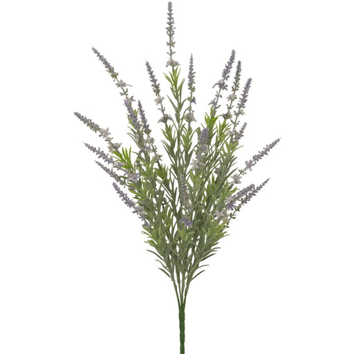 The 23 Lavender Bush with 7 Stems (81020) features slender green stems with narrow leaves and delicate purple blooms, spaced along the top for a natural, elegant look against a white background.