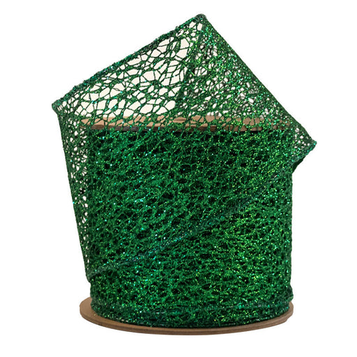 A spool of 3" Green Mesh Ribbon WR-10255-075-10 with a glittery, lacy open weave pattern is partially unrolled and draped over the spool.