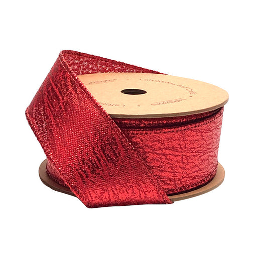 A 1.5" wide Red Faux Leather Ribbon (WR-10190-038-10) with a shiny, textured finish is partially unspooled and loosely wrapped around its cardboard core.
