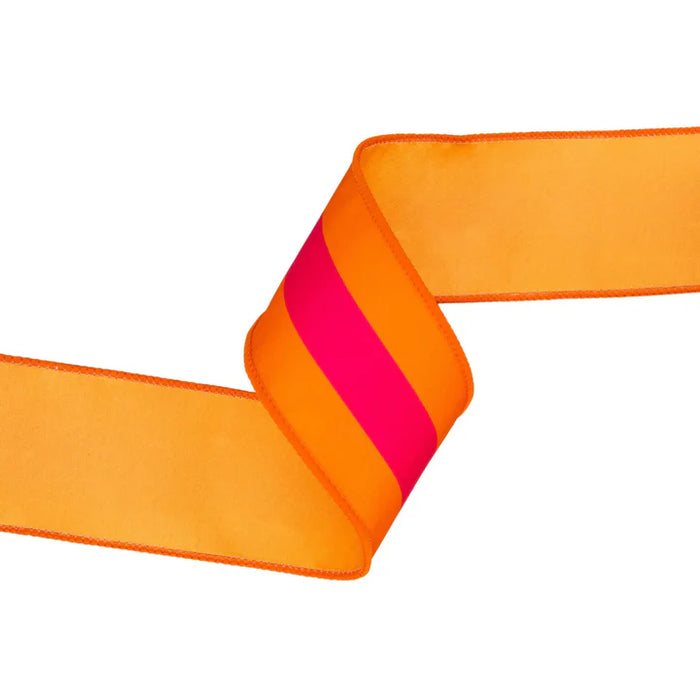 The 2.5 Inch Pink on Orange Center Stripe with Orange Backing Ribbon 8217W-750-63E is arranged in a zigzag pattern against a white background.