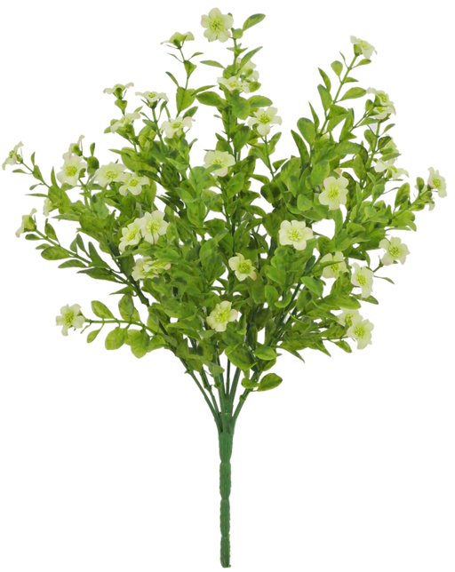 A 17 Filler Bush Green, featuring nine stems with small white flowers and delicate green leaves, creates a lush bouquet. The blooms resemble a Green Filler Bush, and the transparent background enhances their vibrant beauty.