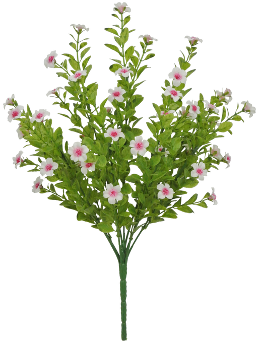 The 17 Filler Bush, with pink 9 stems (82396-PK), gracefully fans out with green leafy stems and pink-centered white flowers, resembling a delicate arrangement.