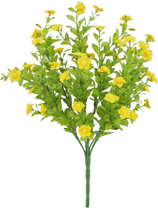 The 17 Yellow Filler Bush with 9 Stems (82396-YEL) showcases a lively artificial floral arrangement, featuring numerous small, vibrant yellow flowers and lush green leaves in a dense cluster, mimicking a natural bouquet.