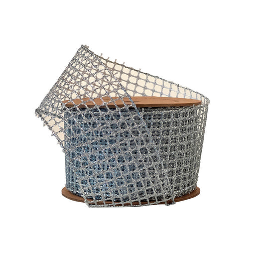 The 2.5" Silver Solid Netting Ribbon (WR-10210-063-10), shown partially unrolled against a white background, features a decorative grid pattern, perfect for adding elegance to crafts or gift wrapping.