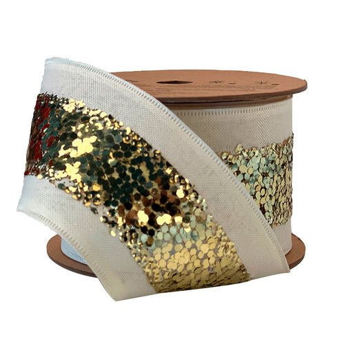A partially unrolled spool of 2.5" Ivory and Gold Metallic Striped Ribbon (WR-10227-063-10), showcasing its elegant stripes and sparkling details.