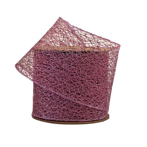 A spool of 3" Pink Mesh Ribbon (WR-10259-075-10) with a glittery finish, partially unrolled and standing upright on a white background—ideal for crafts needing wide ribbon.