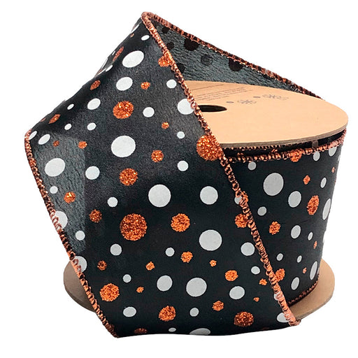 The 2.5" Black and White Glitter Polka Dot Ribbon (WR-10102-063-10) features large white and small orange glitter dots with sparkly orange edges, making it a festive choice for any project.