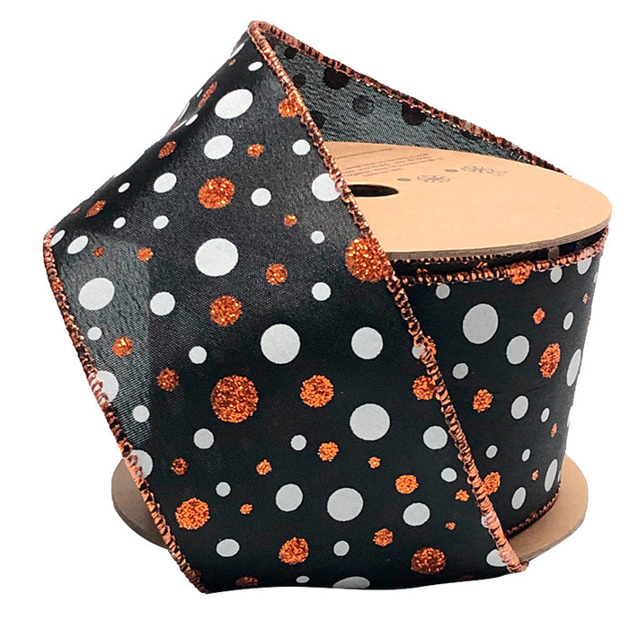 The 2.5" Black and White Glitter Polka Dot Ribbon (WR-10102-063-10) features large white and small orange glitter dots with sparkly orange edges, making it a festive choice for any project.