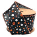 The 2.5" Black and White Glitter Polka Dot Ribbon (WR-10102-063-10) features large white and small orange glitter dots with sparkly orange edges, making it a festive choice for any project.