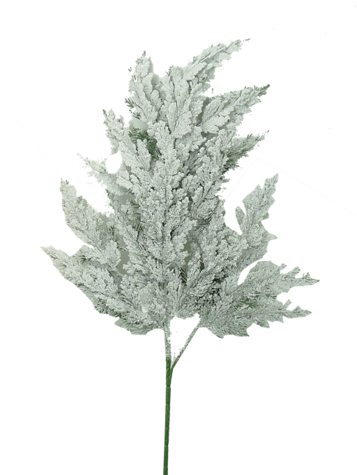 A 27 White Snowy Cedar Spray (83228SNOW) featuring a single green cedar leaf dusted with artificial white snow, displayed on a transparent background.