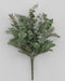 The 18 Green Iced Mixed Pine Cedar Bush 83249 is a small artificial bouquet with pine, cedar, and eucalyptus leaves dusted in glitter, arranged against a plain white background.