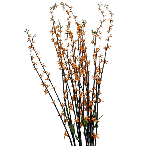 The 35 Orange Plastic Spray 83670-OR features tall, slender branches adorned with vibrant orange flowers and small green leaves, creating a delicate, natural look.