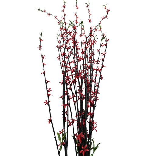 The 35 Red Plastic Spray (Part No. 83670-RD) features tall, thin branches adorned with small red flowers and a few green leaves, standing elegantly against a white background to add vibrant decor.