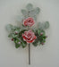 The 18" Red Rose Berry Spray 83754-RD features two large pink and red roses, several rosebuds, berry accents, and artificial frost for a decorative touch against a simple light background.