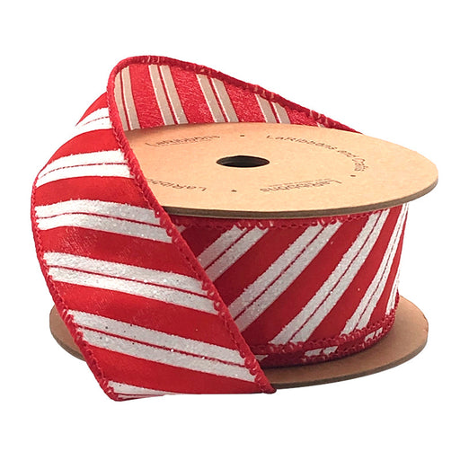 A spool of 1.5" White and Red Glitter Stripe Ribbon (WR-10179-038-10) features diagonal candy cane stripes, a partially unrolled festive design, and brown cardboard sides.