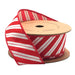 A spool of 1.5" White and Red Glitter Stripe Ribbon (WR-10179-038-10) features diagonal candy cane stripes, a partially unrolled festive design, and brown cardboard sides.