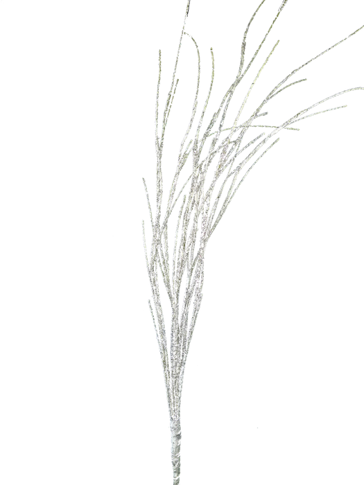 The H42 Natural Glitz Birch Spray 84064NAT features tall, thin silver glittered branches, standing upright against a plain white background—ideal as sparkling Glitz Decor or a birch spray accent.