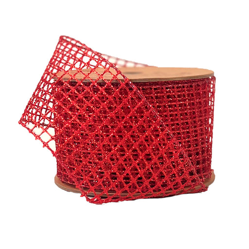 A spool of 2.5" Red Solid Netting Ribbon (WR-10209-063-10), partially unrolled and shown against a white background, is perfect for adding a festive touch to crafts and décor.