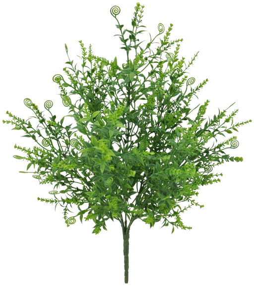 The 19 Mixed Greenery Bush with 7 Stems (84103) features lush, intricate stems and spiral tendrils. It has varying shades of green that create a full and realistic look, resembling leaves and vines.