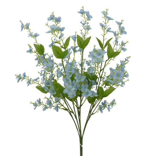 A stunning 22 Blue Filler Bush with 6 stems (84266-Bl) features light blue flowers and lush green leaves arranged in a fan-like shape.